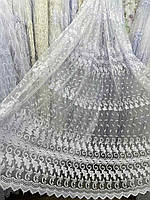 Тюль біла об'ємна вишивка фатин