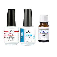 Набір майстра безкислотний праймер Fix IT 10 мл, файбер-прозорка база Atica15 мл, топ без липкого шару 15мл