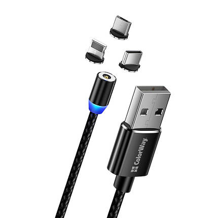 Кабель ColorWay Magnetic USB-Lightning/MicroUSB/USB Type-C, 2.4А, 1м, Black, фото 1