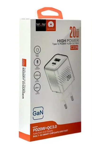 Зарядка WUW-C226 USBx1 Type-Cx1 20Вт QC 220В