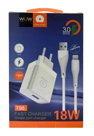 Комплект заряджання 220В 18Вт WUW-T95 QC3.0 USB з кабелем Lightning, фото 1