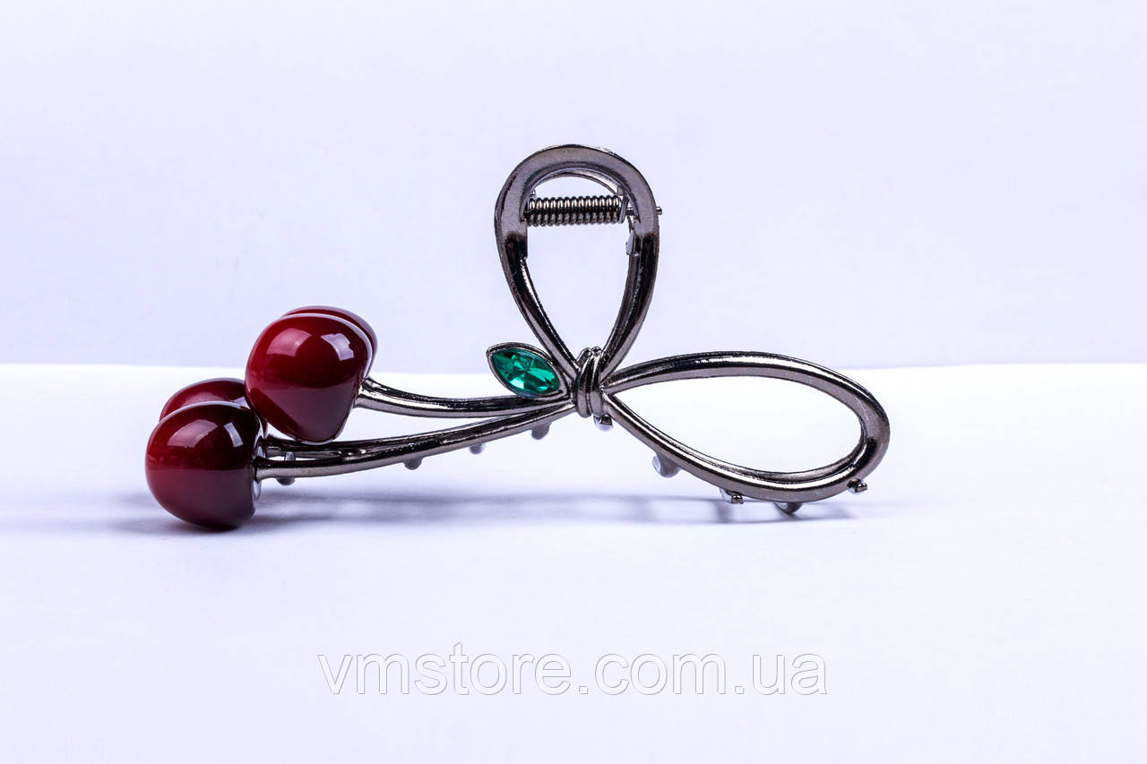 Краб великий для волосся, металевий чорний крабик із вишеньками, фото 1