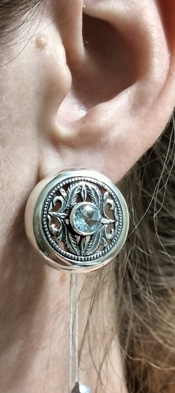 Срібні сережки круглої форми з топазом, фото 1