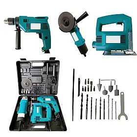 Набір інструментів 3в1: Дриль, Лобзик, Болгарка з насадками та аксесуарами