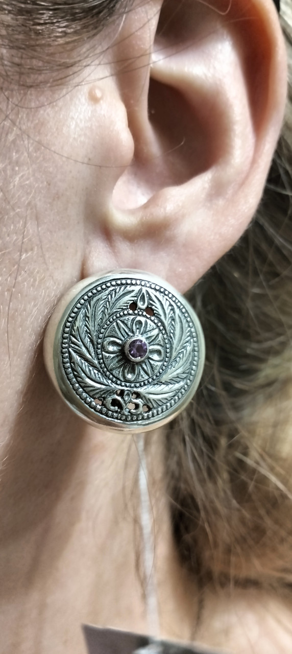 Срібні сережки круглої форми з аметистом., фото 1
