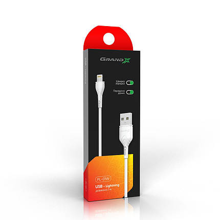Кабель Grand-X USB-Lightning PL01W, 100% мідь, 1m, 2,1А White, BOX, фото 3