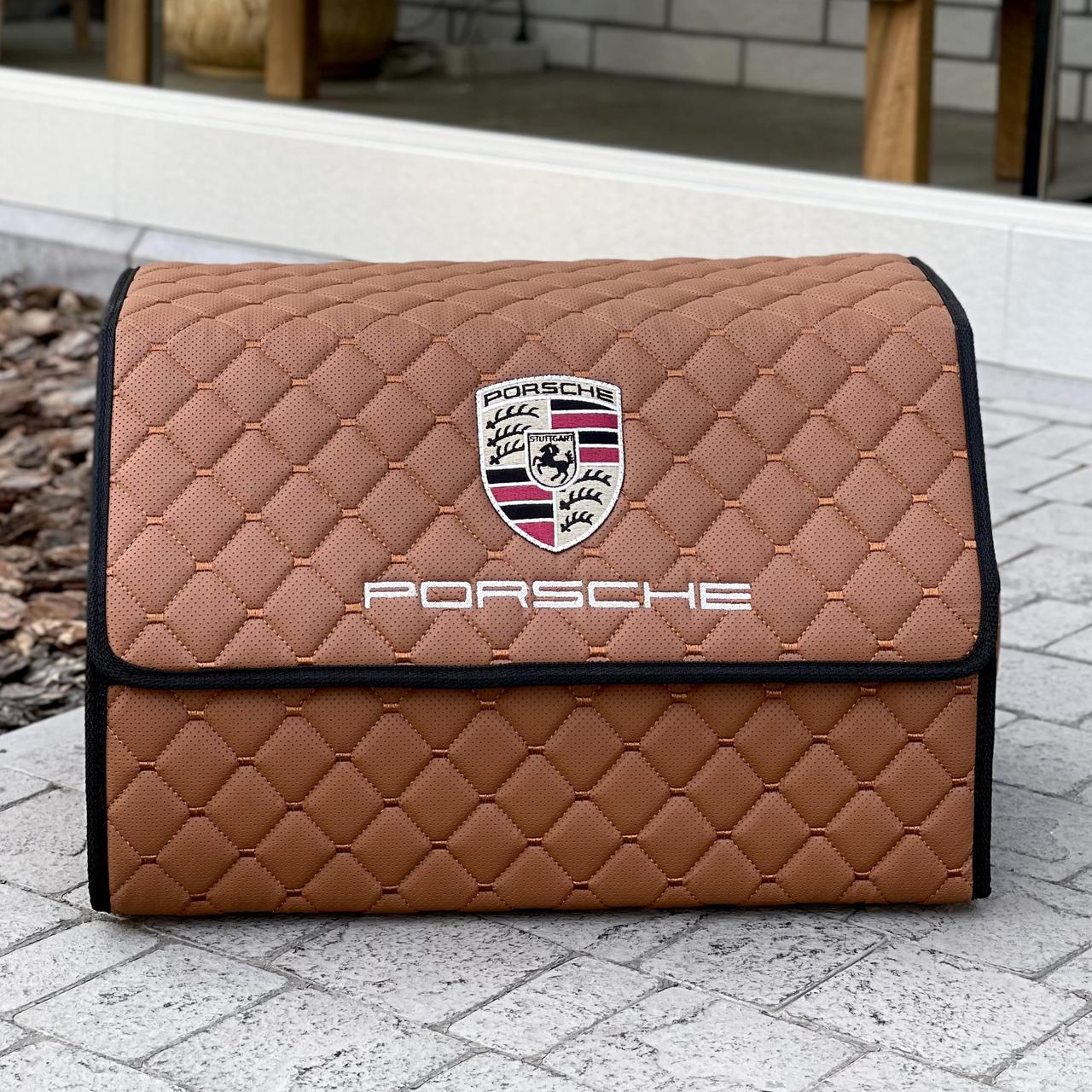 Органайзер у багажник з логотипом Porsche з екошкіри, коньячний, 50 см, автоорганайзер, фото 1