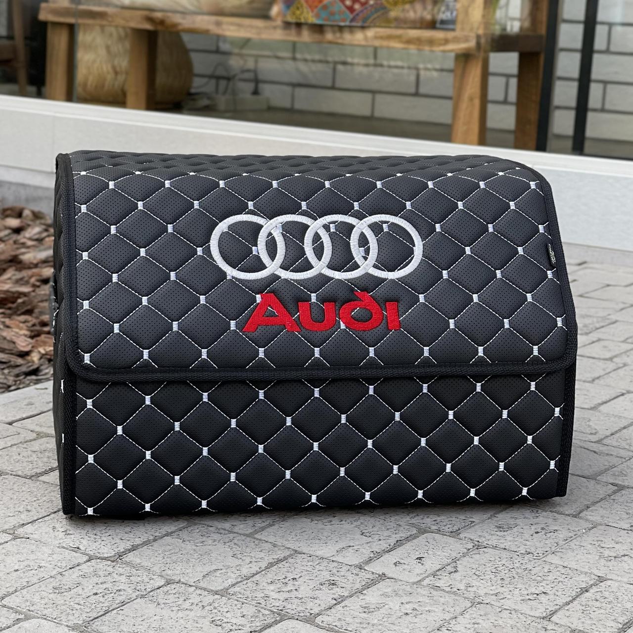 Органайзер у багажник з вишивкою Audi, чорний з білою ниткою, 50 см, автомобільний органайзер в авто, фото 1