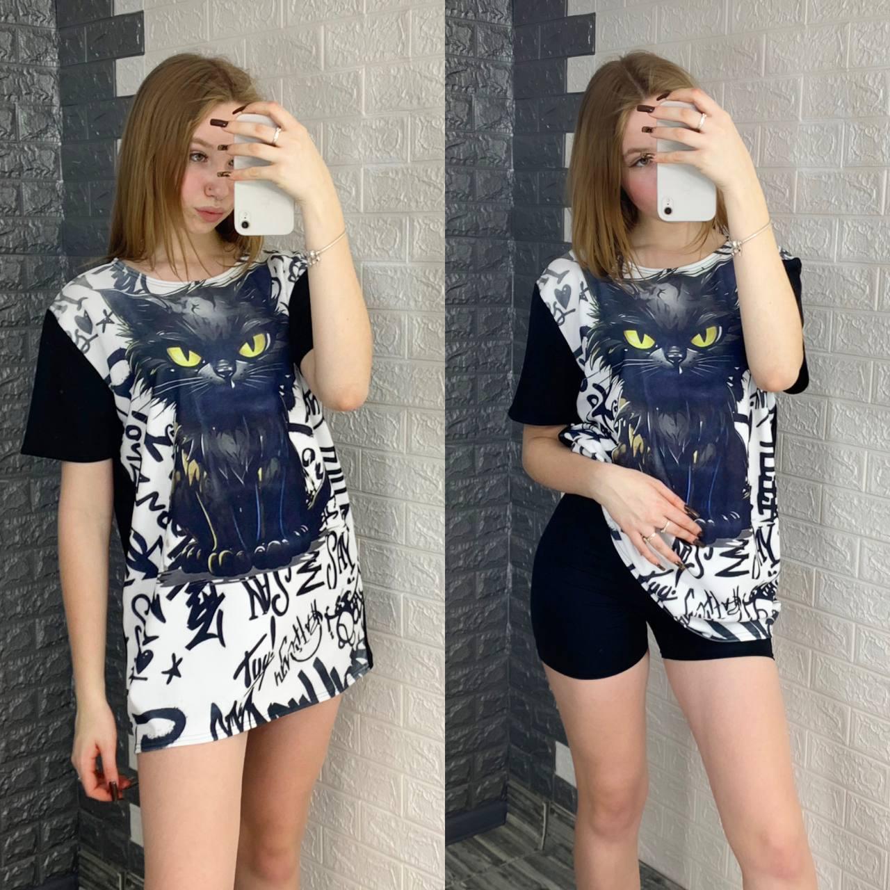 Стильна жіноча принтована футболка "Чорний кіт", фото 1