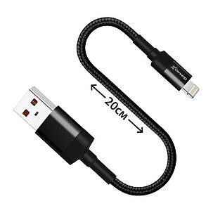 Кабель Grand-X для Power Bank USB-Lightning FM-20L 20cm, CU, Black, защита ткан.оплетка BOX, фото 1