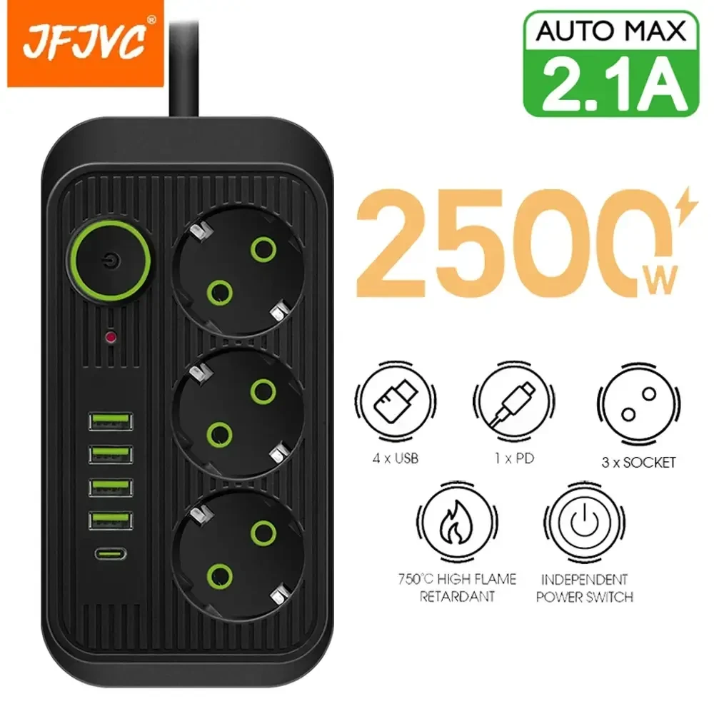 Мережевий фільтр живлення F09U на 2 метри 3 розетки +4 USB + Type-C мережевий подовжувач розеток