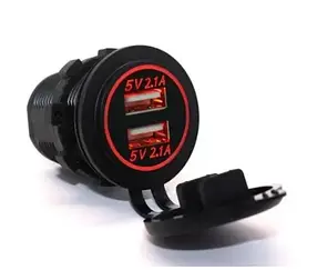 Врізна зарядка USB 2.0-2шт, 1A, 2.1A 12V-12V (червона)