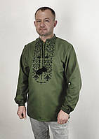 Чоловіча вишиванка хакі на довгий рукав із домотканого полотна