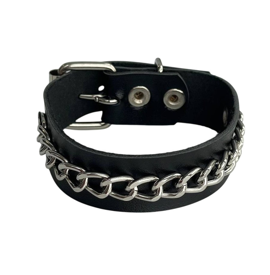 Шкіряний браслет на руку Chain з ланцюжком на пряжці чорний, натуральна шкіра, 20 мм, фото 1