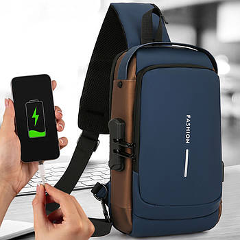 Чоловіча сумка через плече з USB-роз'ємом і кодовим замком, 32х16см, Синій / Водонепроникна сумка слінг