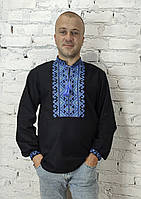 Чорна чоловіча вишиванка на довгий рукав синій орнамент