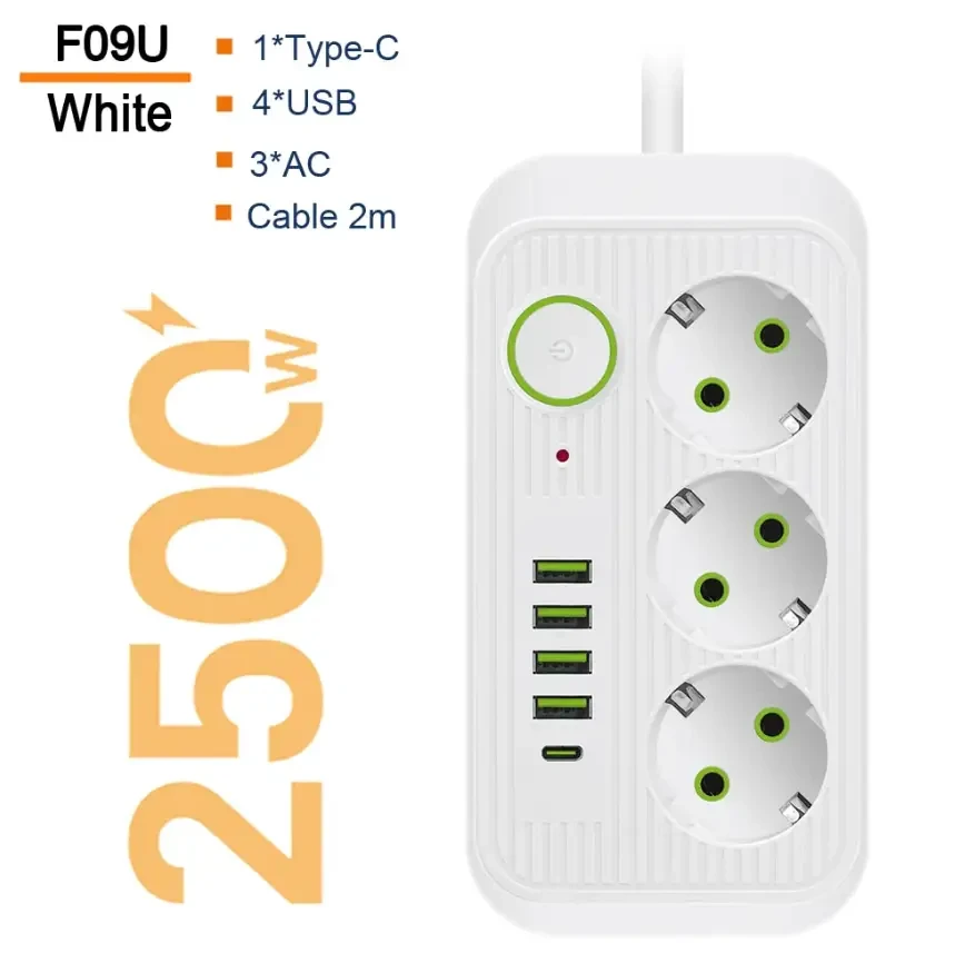 Мережевий фільтр живлення F09U на 2 метри 3 розетки +4 USB + Type-C мережевий подовжувач розеток