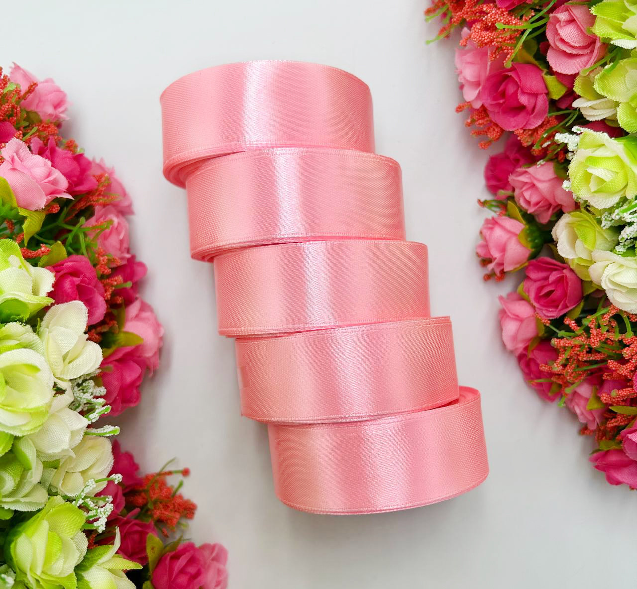 Атласна стрічка для рукоділля - 2,5 см x 23 м (опт, 5 рулонів) / Рожевий персик, фото 1