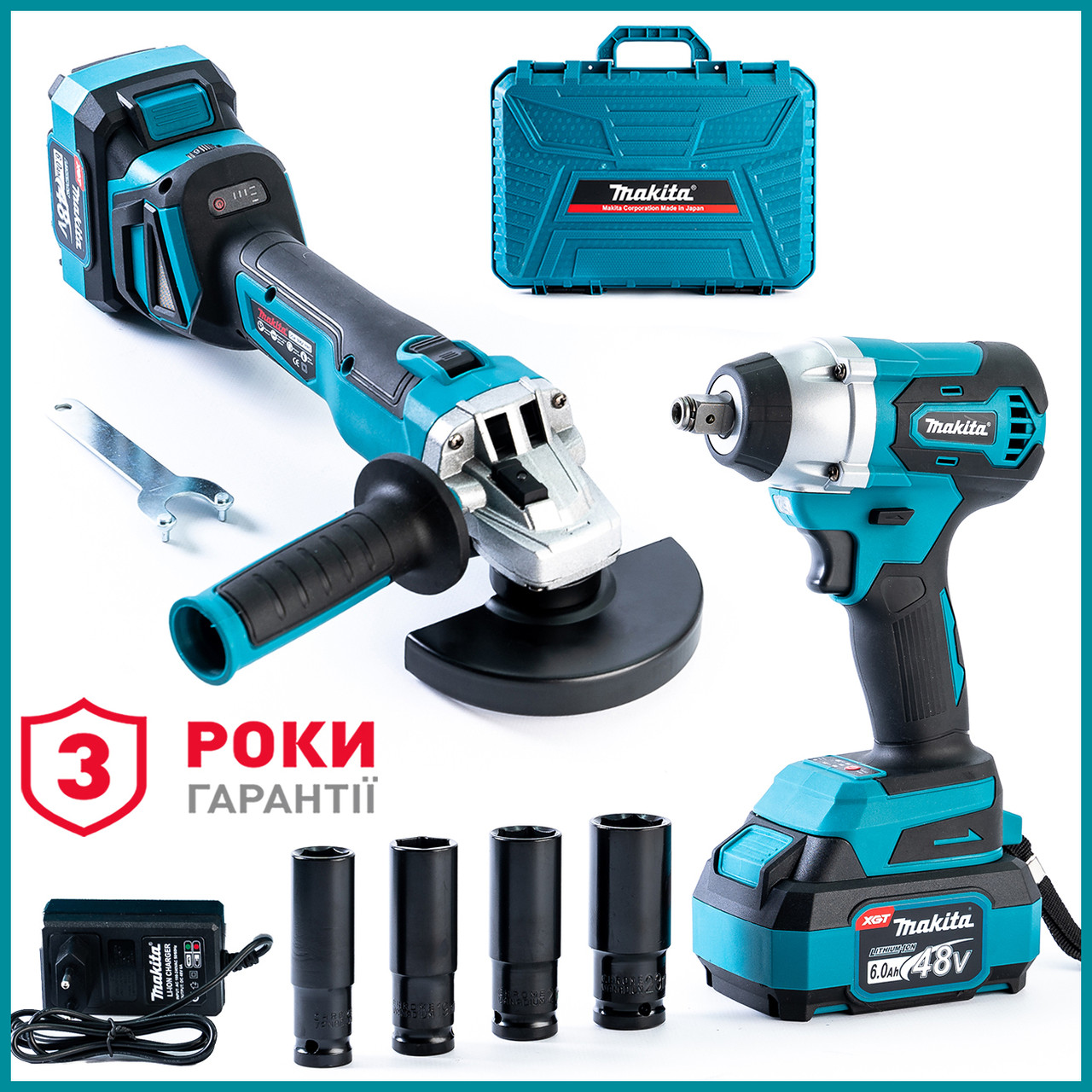 Безщітковий акумуляторний набір Makita 2в1 48 V 6 Ah (Гайковерт DTW385+Болгарка DGA506ZPRO) АКБ набір Макіта bs