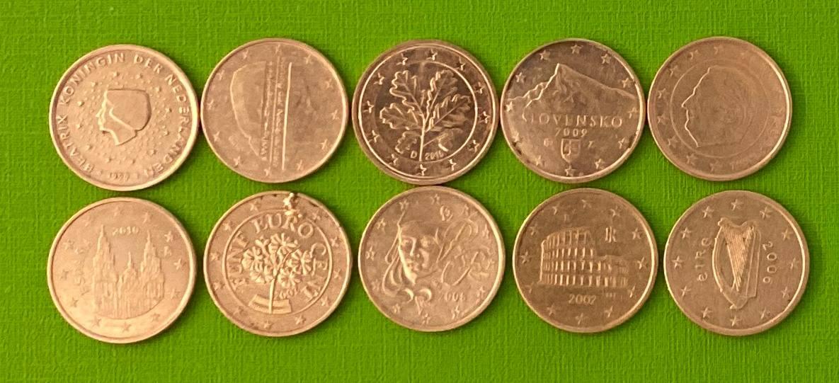Набір монет Євросоюзу 5 євро центів 10 монет — 10 країн