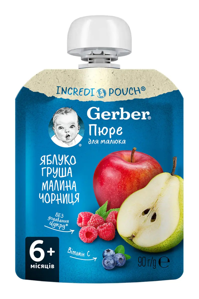 Пюре фруктове Gerber Яблоко-груша-малина-черника з 6 місяців,пауч 90г. (Гербер)