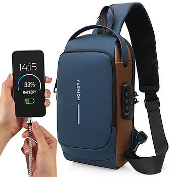 Чоловіча сумка через плече 32х16см, з USB-роз'ємом і кодовим замком, Синій / Водонепроникна сумка слінг