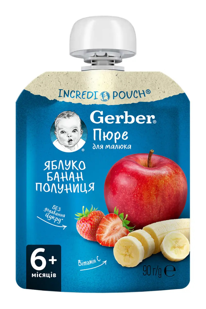 Пюре фруктове Gerber Яблуко, банан, полуниця з 6 місяців,пауч 90г. (Гербер)