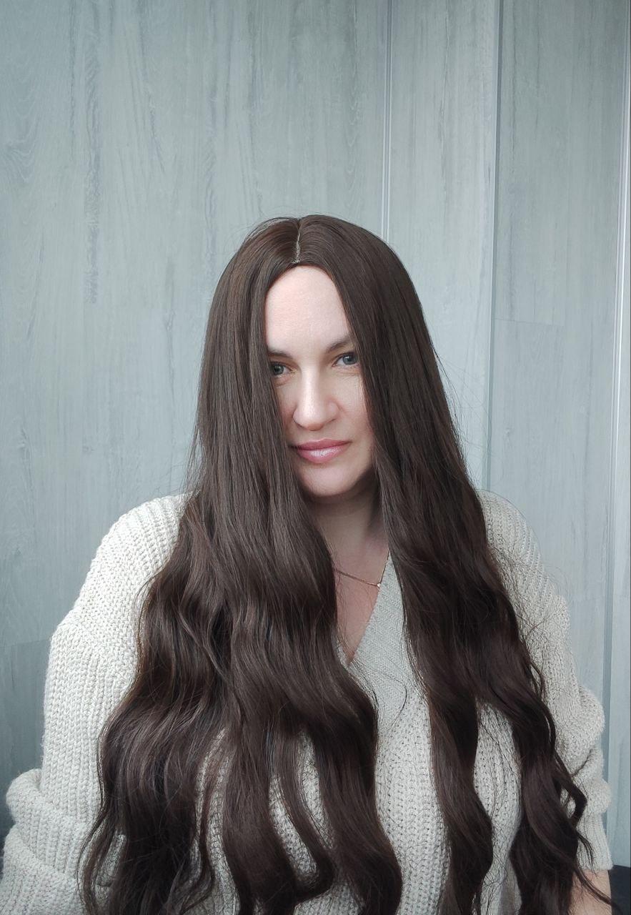 Перука шоколадна довга хвиляста без чуба термо коричнева (LCI5036), фото 1