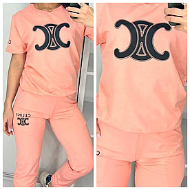 Літній жіночий костюм Celine з футболкою кораловий (трикотаж двунитка Туреччина)