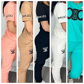 Літній жіночий костюм Celine з футболкою кораловий/кавовий/бірюзовий чорний/білий (трикотаж двунитка Туреччина)