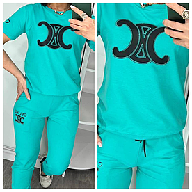 Літній жіночий костюм Celine з футболкою бірюзовий (трикотаж двунитка Туреччина)