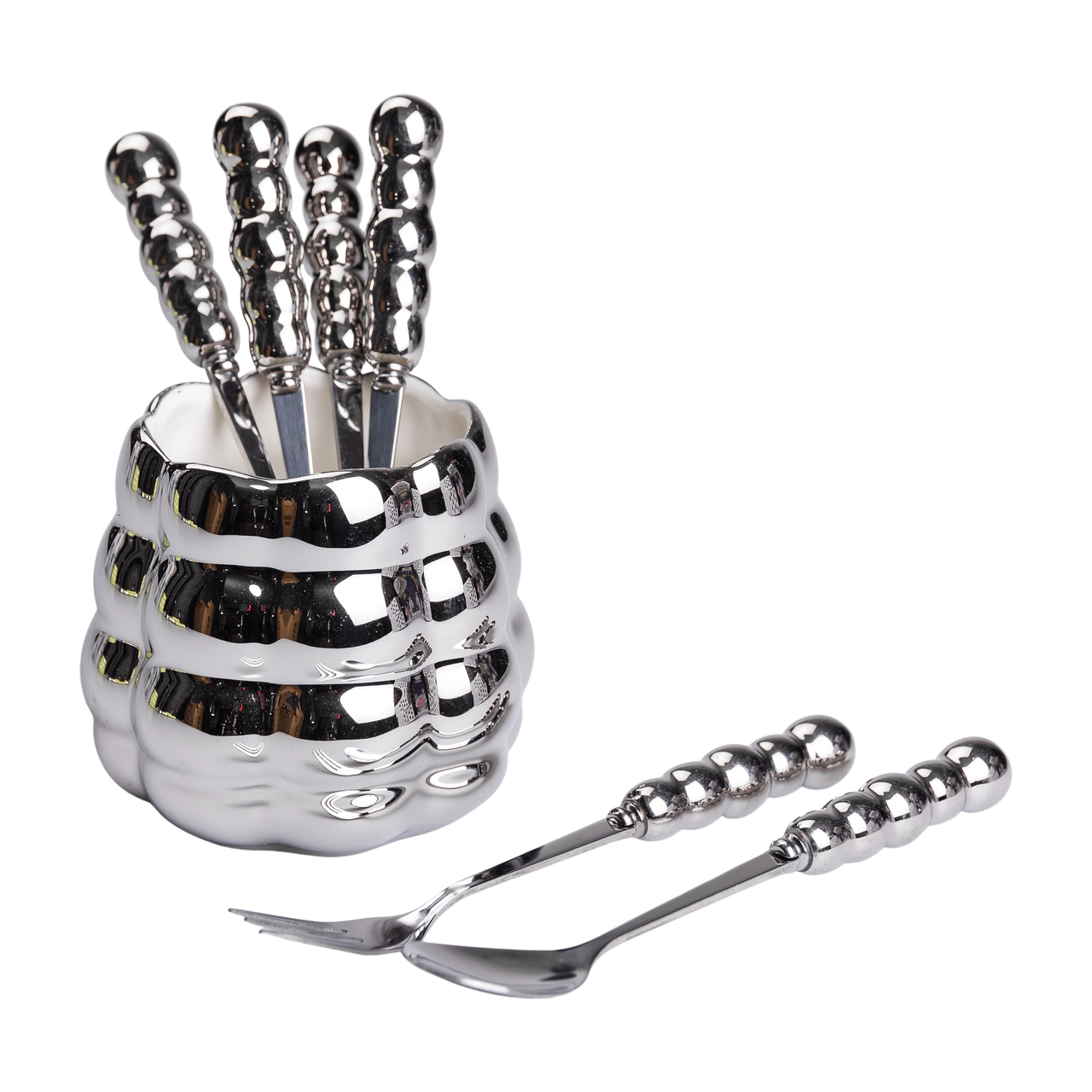 Набір десертних виделок і ложок з підставкою з кераміки 7 предметів на 3 персони Сірий Lugi, фото 1