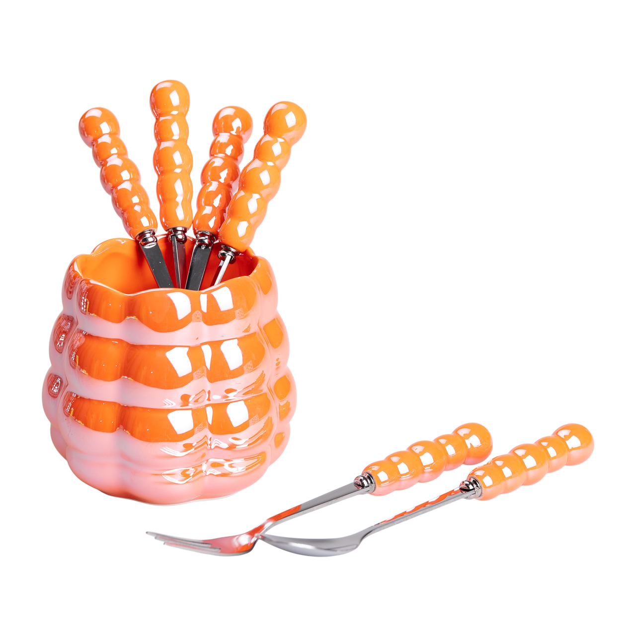 Набір десертних виделок і ложок з підставкою з кераміки 7 предметів на 3 персони Помаранчевий Lugi, фото 1