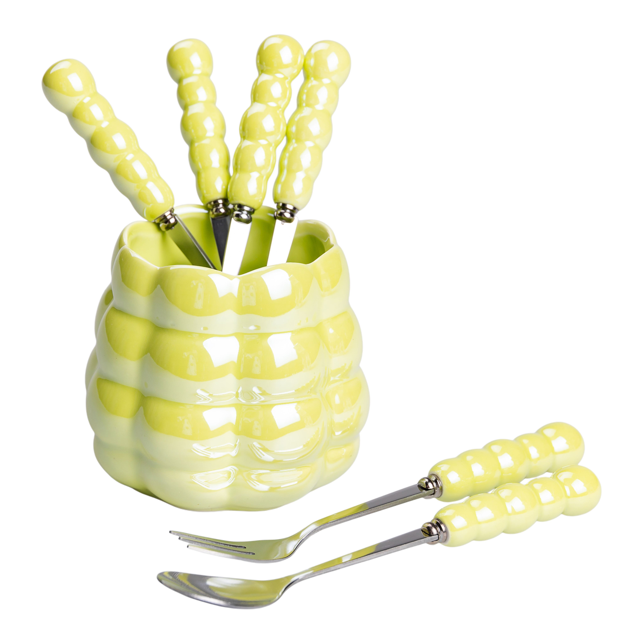 Набір десертних виделок і ложок з підставкою з кераміки 7 предметів на 3 персони Зелений Lugi, фото 1