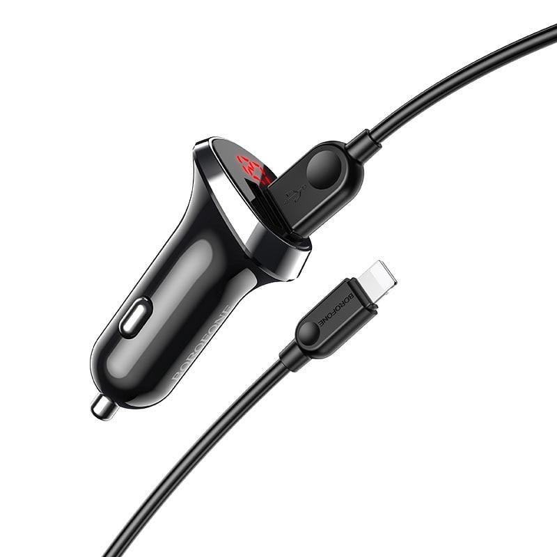 Автомобільний зарядний пристрій BOROFONE BZ15 2.4 А 2 USB (LED дисплей) з кабелем Lightning Black