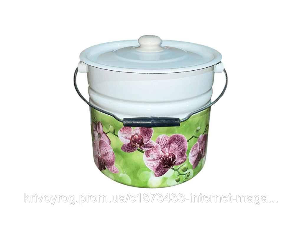Відро ем. 12л /2 циліндричне з кришкою Орхідея (біла) I1224/2 ТМ IDILIA, фото 1