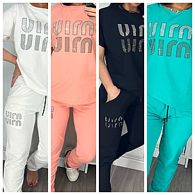 Літній жіночий костюм Uirn з футболкою кораловий/бірюзовий/чорний/білий (трикотаж двунитка Туреччина)