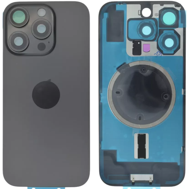 Задня кришка (скло) iPhone 16 Pro black titanium (оригінал завод) у зборі на рамці