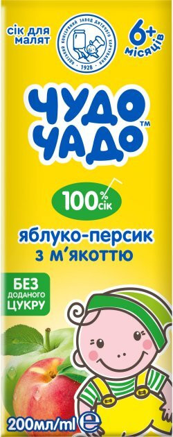 Сік Чудо-Чадо Яблучно-персиковий з м'якоттю, без цукру від 6 місяців, 200 мл.
