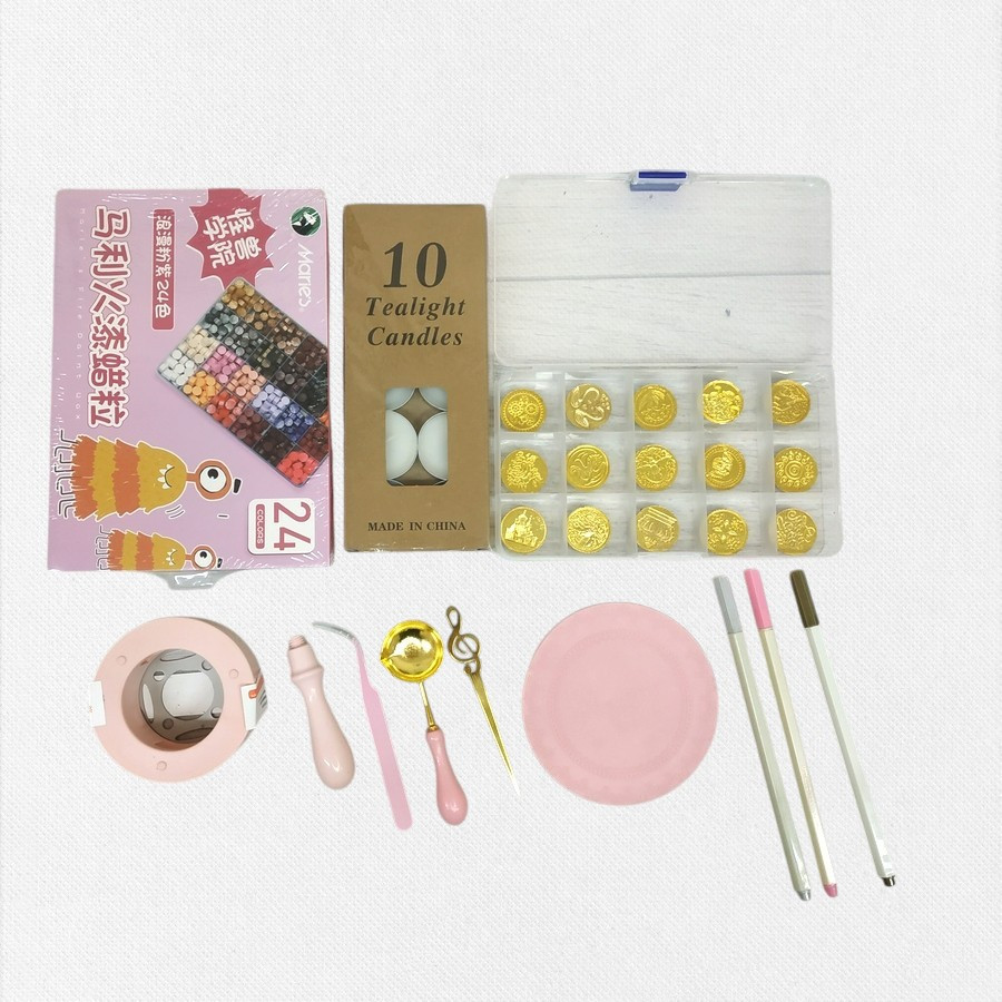 Набір сургучних печаток №16: печатка-штамп 15шт + свічки 10шт + сургуч 24 кольори + інструмент, фото 1