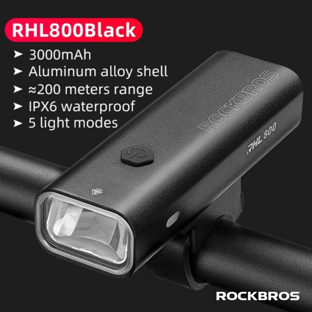 Потужна велофара ROCKBROS RHL-800 (800LM, 3000mAh, USB-C, IPX6, 5 Mode)