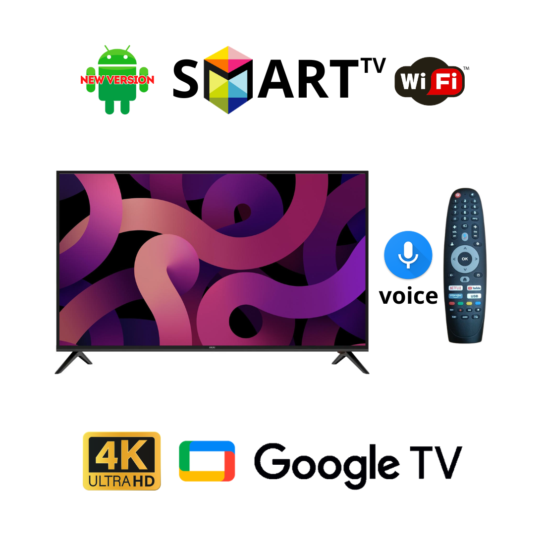 Телевізор AKAI 56" Smart DVB/T2/FullHD/USB Android 13.0 блютуз пульт