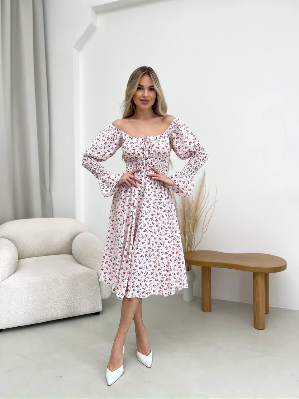 Жіноча біла сукня міді з принтом, фото 1