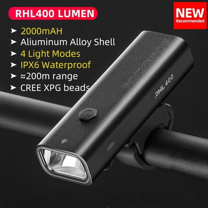 Велосипедний ліхтар ROCKBROS RHL-400 (400LM, 2000mAh, USB-C, IPX6, 4 Mode)