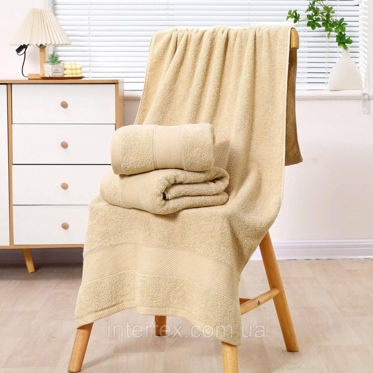 Комплект рушників однотонний баня+лице (махра) бежевий, фото 1