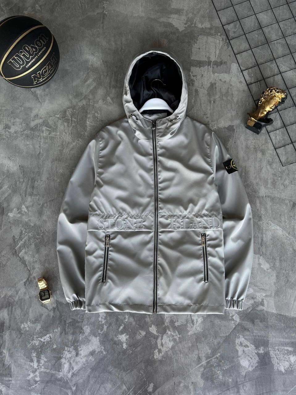 Чоловіча ветровка Stone Island з патчем сіра Куртка Стон Айленд з плащової тканини весняна осіння, фото 1