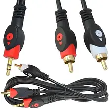 Шнур аудіовідео TCOM, штекер 3.5 стерео — 2 штекери RCA gold, Ø4х8мм, 1.2 м, чорний