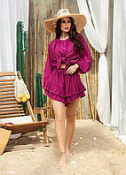 Жіночий літній костюм із бавовни: сорочка та шорти з рюшами, колір бургунді, розмір 46-48