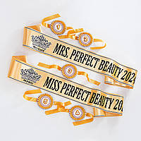 Золота стрічка міс з короною і стразами чорним нанесенням