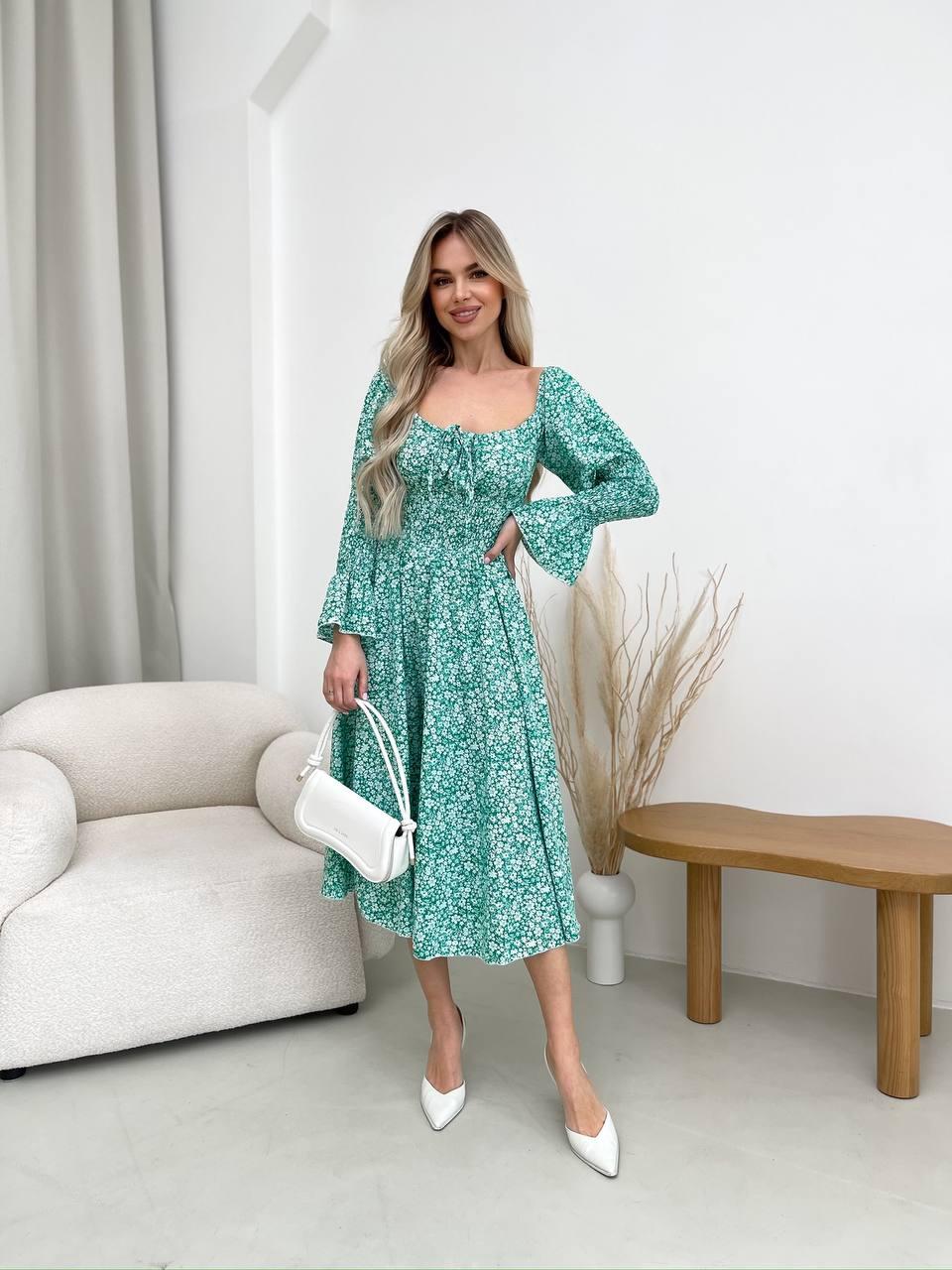 Жіноча зелена сукня міді з принтом, фото 1